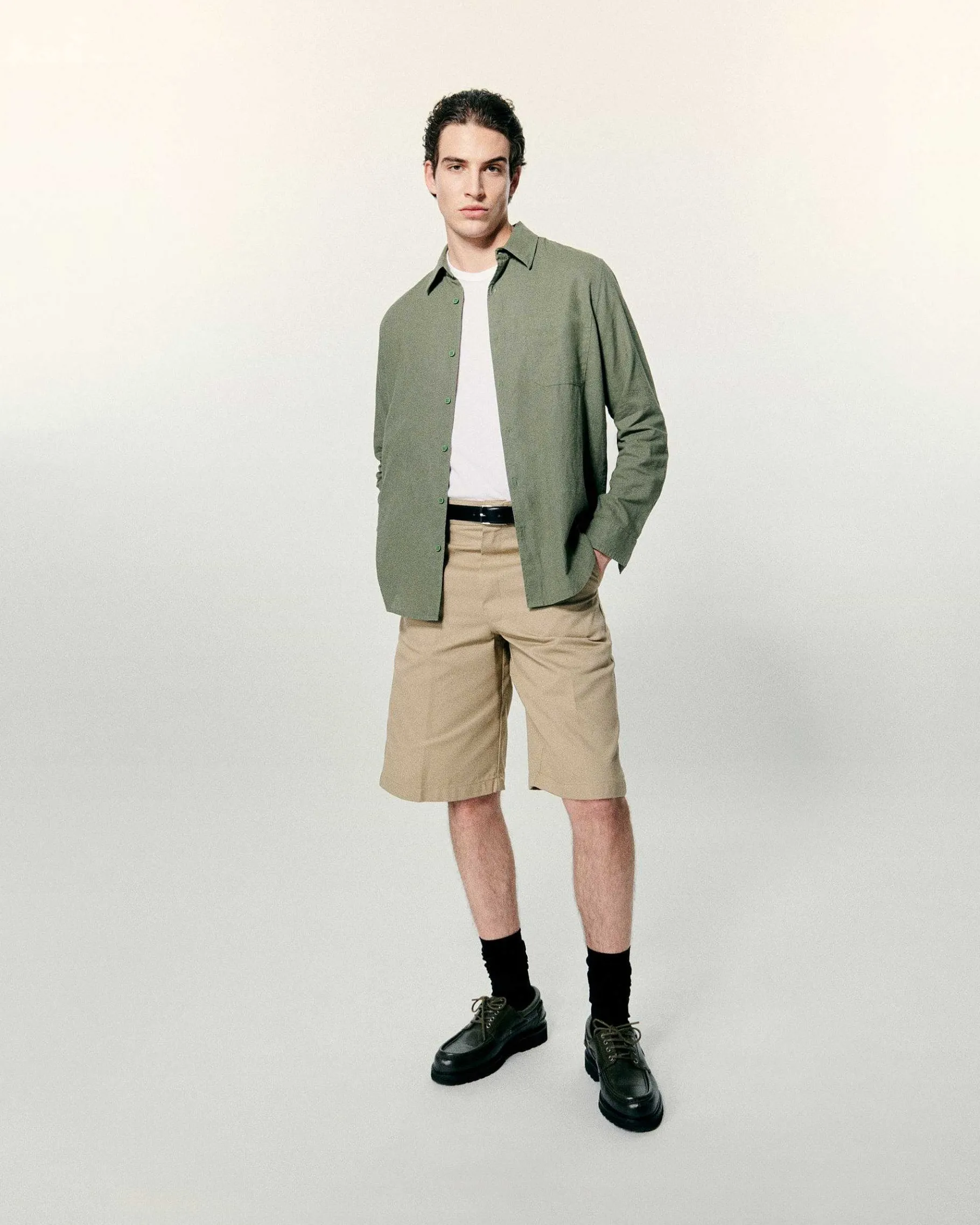 FROM FUTURE Chemise Manches Longues Popeline Kaki