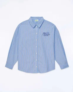 Discount FROM FUTURE Chemise Manches Longues Popeline Bleu Ciel Raye