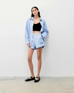 Discount FROM FUTURE Chemise Manches Longues Popeline Bleu Ciel Raye