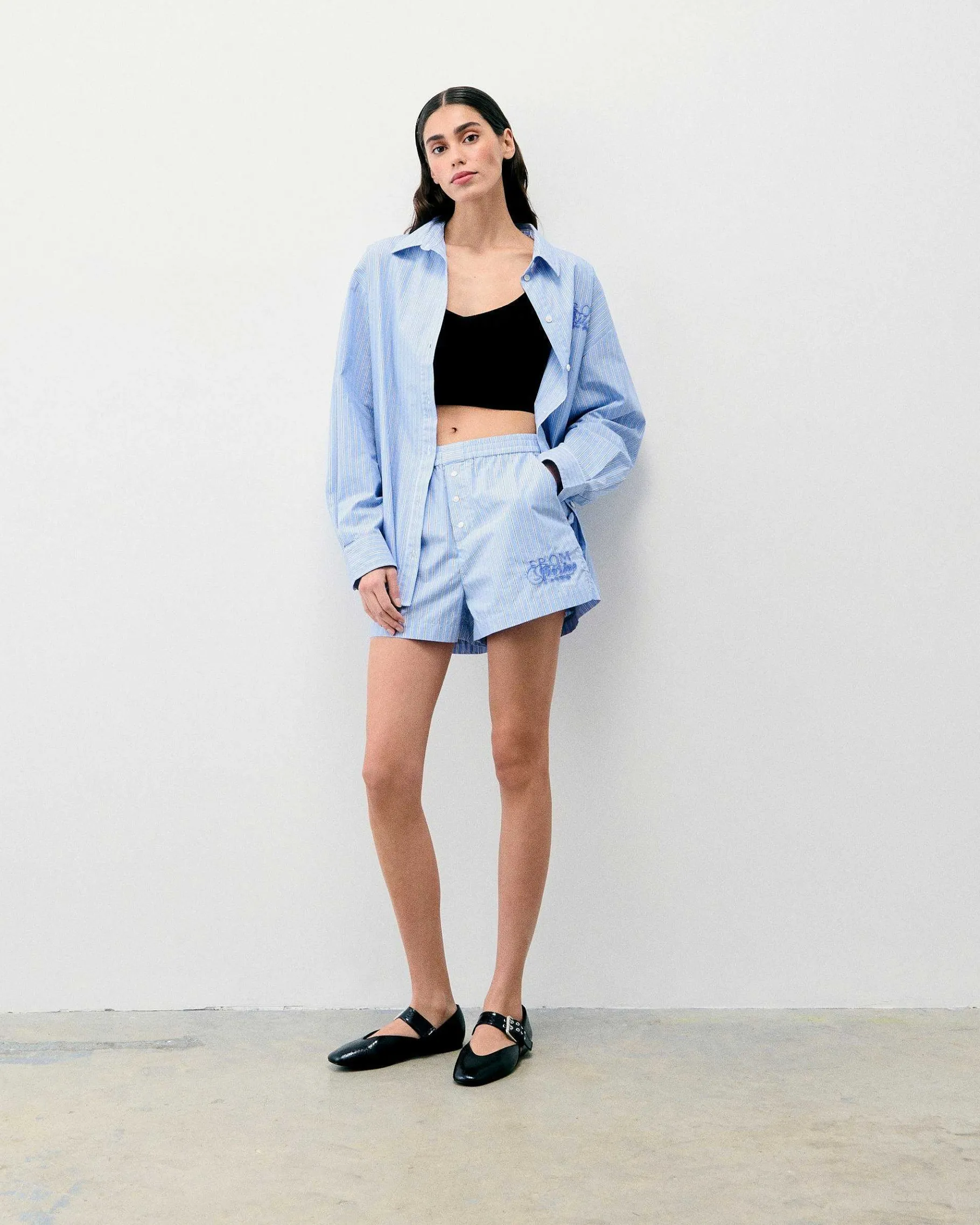 Discount FROM FUTURE Chemise Manches Longues Popeline Bleu Ciel Raye