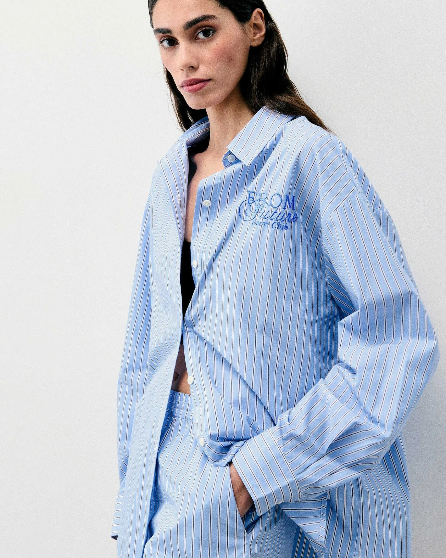 Discount FROM FUTURE Chemise Manches Longues Popeline Bleu Ciel Raye