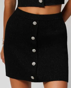 Sale FROM FUTURE Jupe Mini Metallise Boutons Bijoux Noir