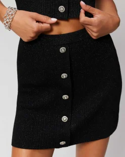 Sale FROM FUTURE Jupe Mini Metallise Boutons Bijoux Noir