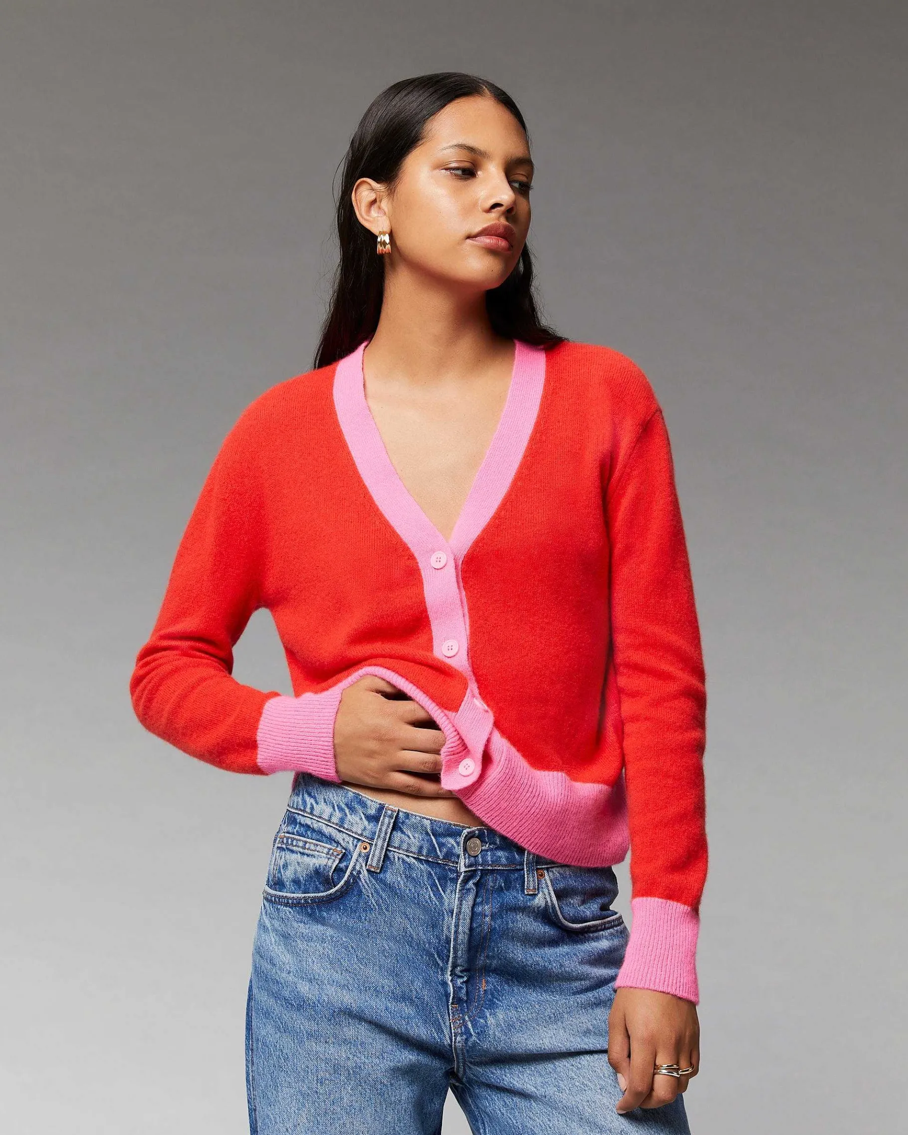 Online FROM FUTURE Pull Cardigan Bicolore Leger Rouge Vif