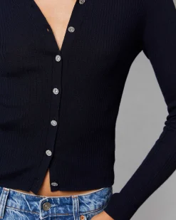 Best FROM FUTURE Pull Cardigan Boutons Bijoux Navy