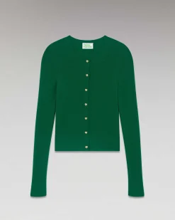 Sale FROM FUTURE Pull Cardigan Boutons Bijoux Forest Green