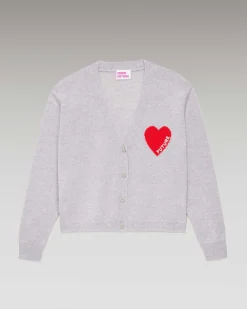 New FROM FUTURE Pull Cardigan Coeur Leger Gris Chine Clair