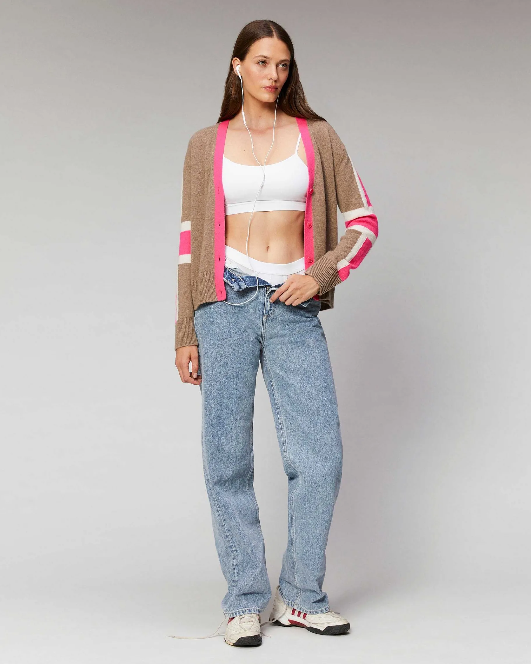 Discount FROM FUTURE Pull Cardigan Manches Tricolore Leger Taupe