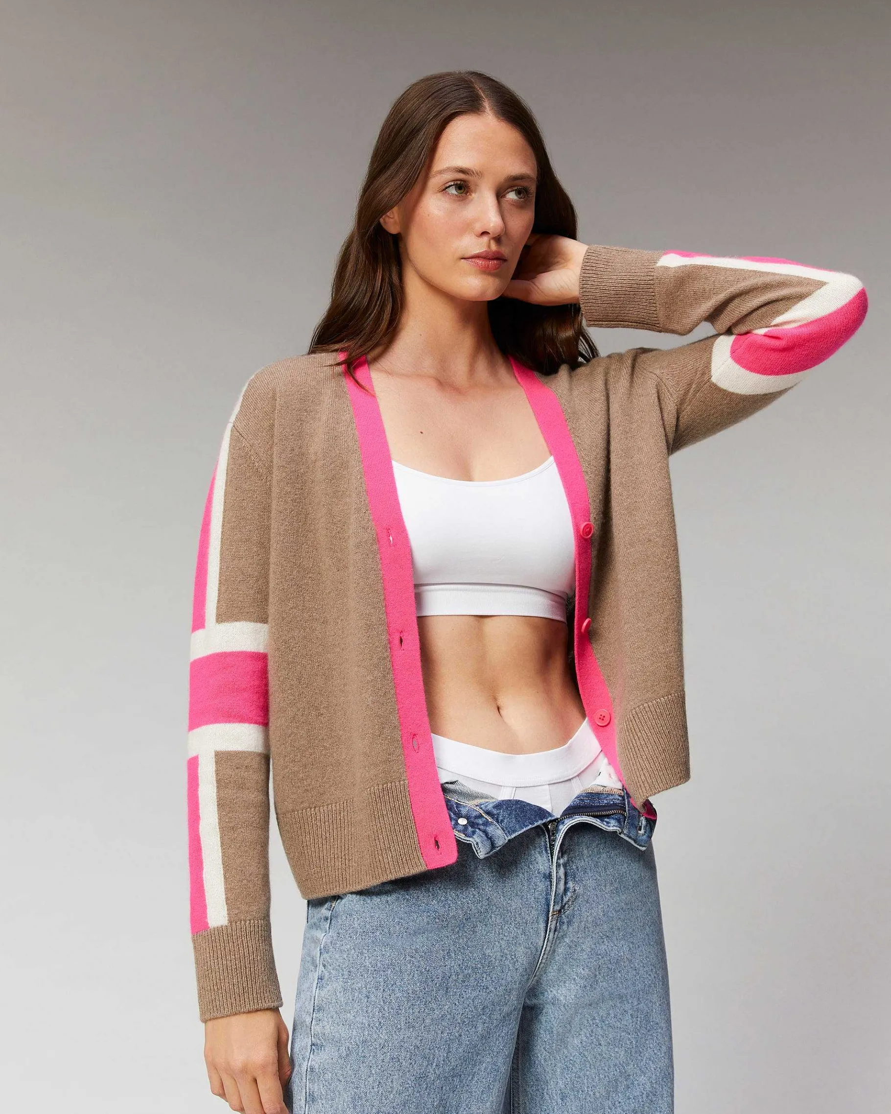 Discount FROM FUTURE Pull Cardigan Manches Tricolore Leger Taupe