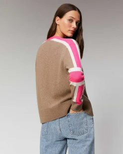Best FROM FUTURE Pull Cardigan Manches Tricolore Leger Taupe