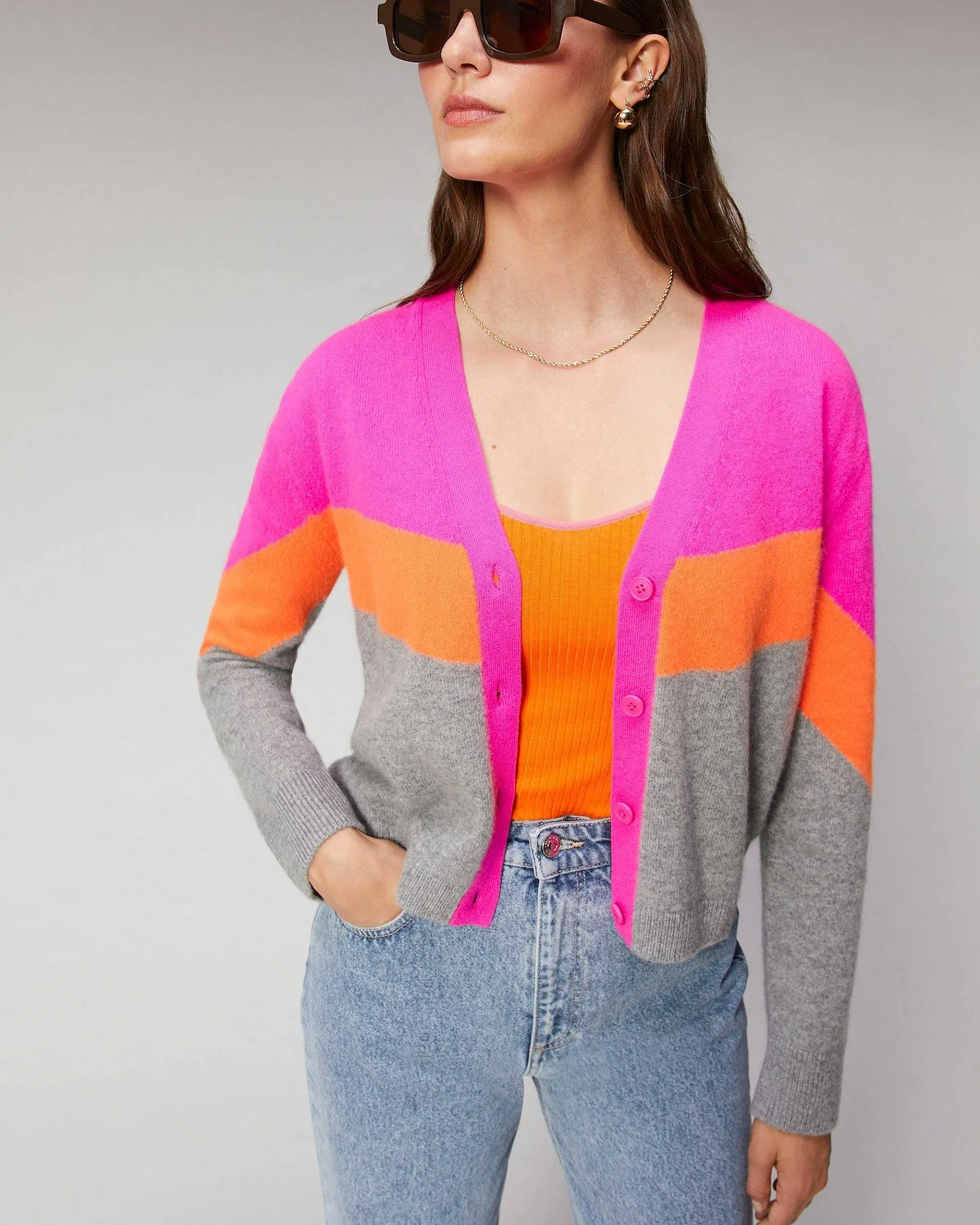 Clearance FROM FUTURE Pull Cardigan Tricolore Leger Gris Chine Fonce