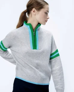 FROM FUTURE Pull Col Camionneur Bord-Cotes Tricot Ajoure Gris Chine Clair