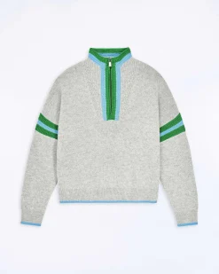 FROM FUTURE Pull Col Camionneur Bord-Cotes Tricot Ajoure Gris Chine Clair
