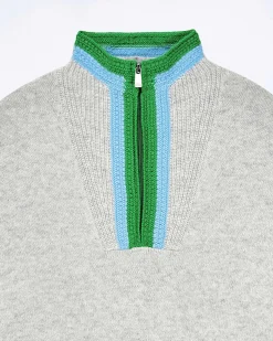 FROM FUTURE Pull Col Camionneur Bord-Cotes Tricot Ajoure Gris Chine Clair