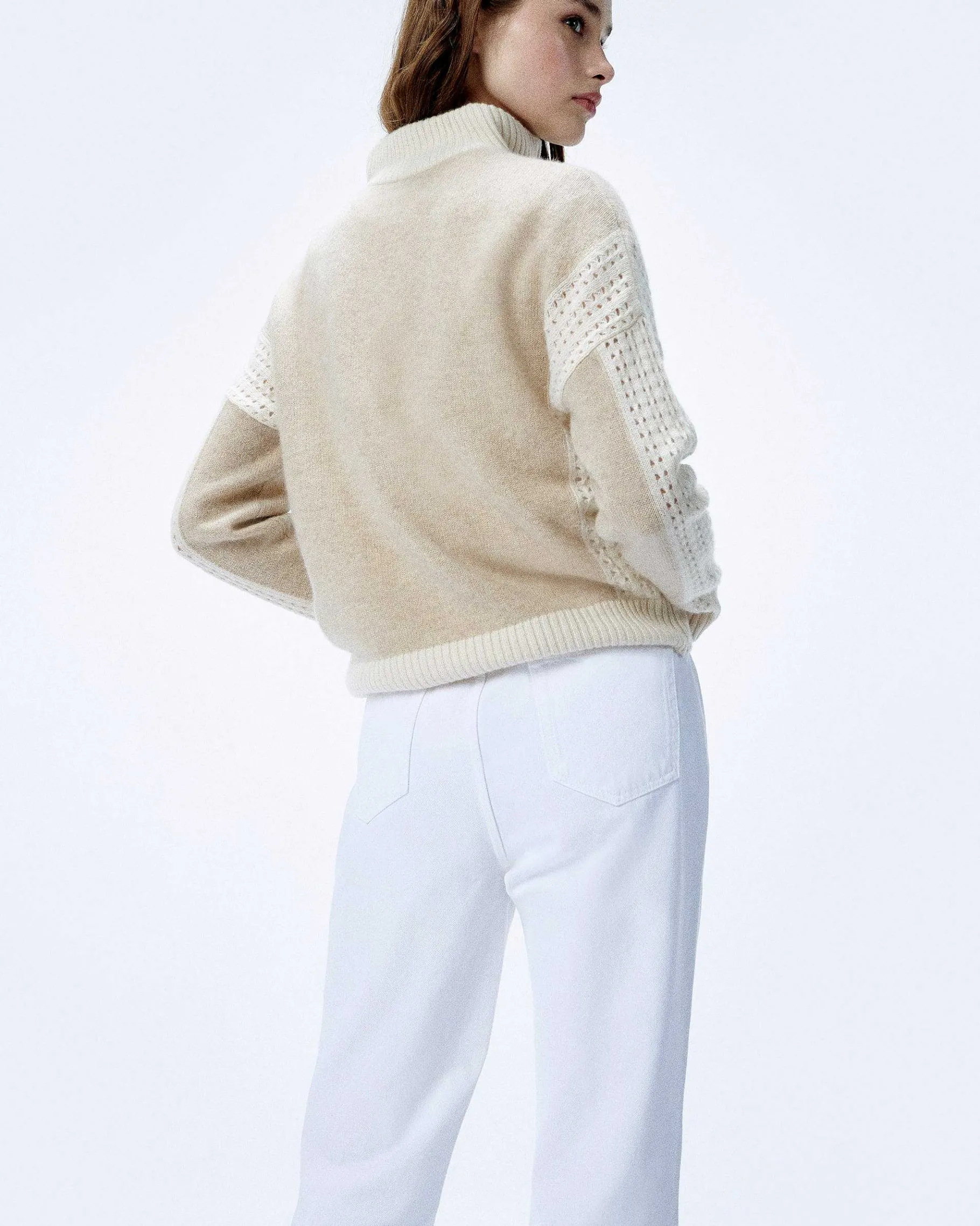 Hot FROM FUTURE Pull Col Camionneur Tricot Ajoure Beige Chine