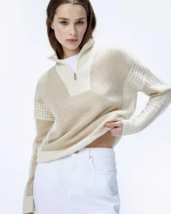 Hot FROM FUTURE Pull Col Camionneur Tricot Ajoure Beige Chine