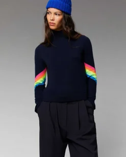 Outlet FROM FUTURE Pull Col Montant Bandes Manches Multico Leger Navy