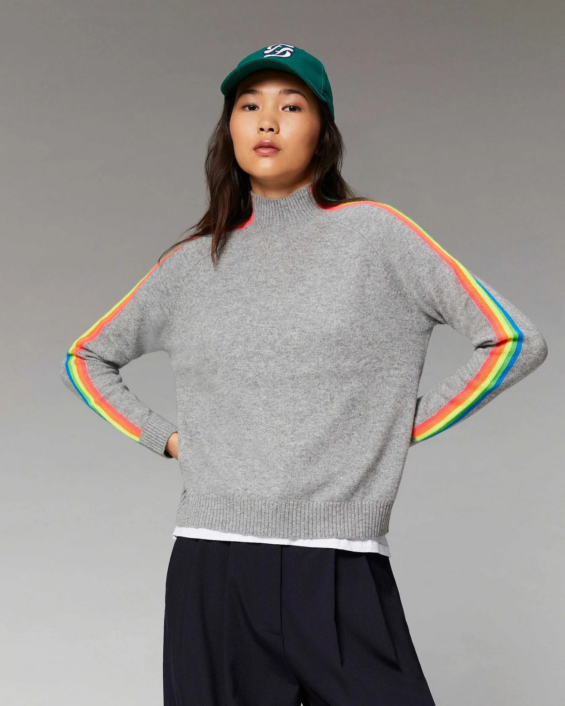 Clearance FROM FUTURE Pull Col Montant Bandes Manches Multicolore Leger Ecru