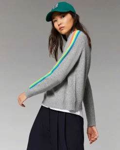 New FROM FUTURE Pull Col Montant Bandes Manches Multicolore Leger Winter Green
