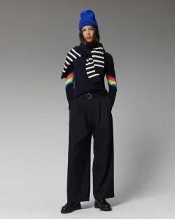 Sale FROM FUTURE Pull Col Montant Bandes Manches Multicolore Leger Rouge Vif