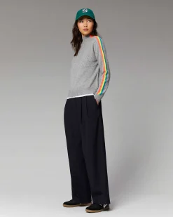 New FROM FUTURE Pull Col Montant Bandes Manches Multicolore Leger Gris Chine Fonce