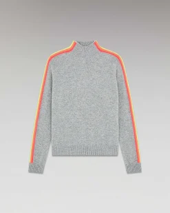 New FROM FUTURE Pull Col Montant Bandes Manches Multicolore Leger Gris Chine Fonce