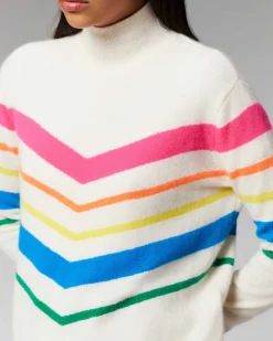 New FROM FUTURE Pull Col Montant Bandes Multicolore Leger Ecru