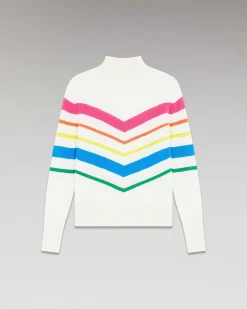 New FROM FUTURE Pull Col Montant Bandes Multicolore Leger Ecru