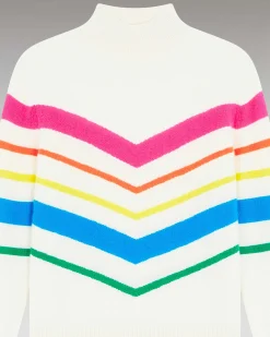 New FROM FUTURE Pull Col Montant Bandes Multicolore Leger Ecru