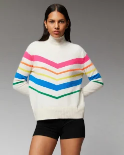 New FROM FUTURE Pull Col Montant Bandes Multicolore Leger Navy
