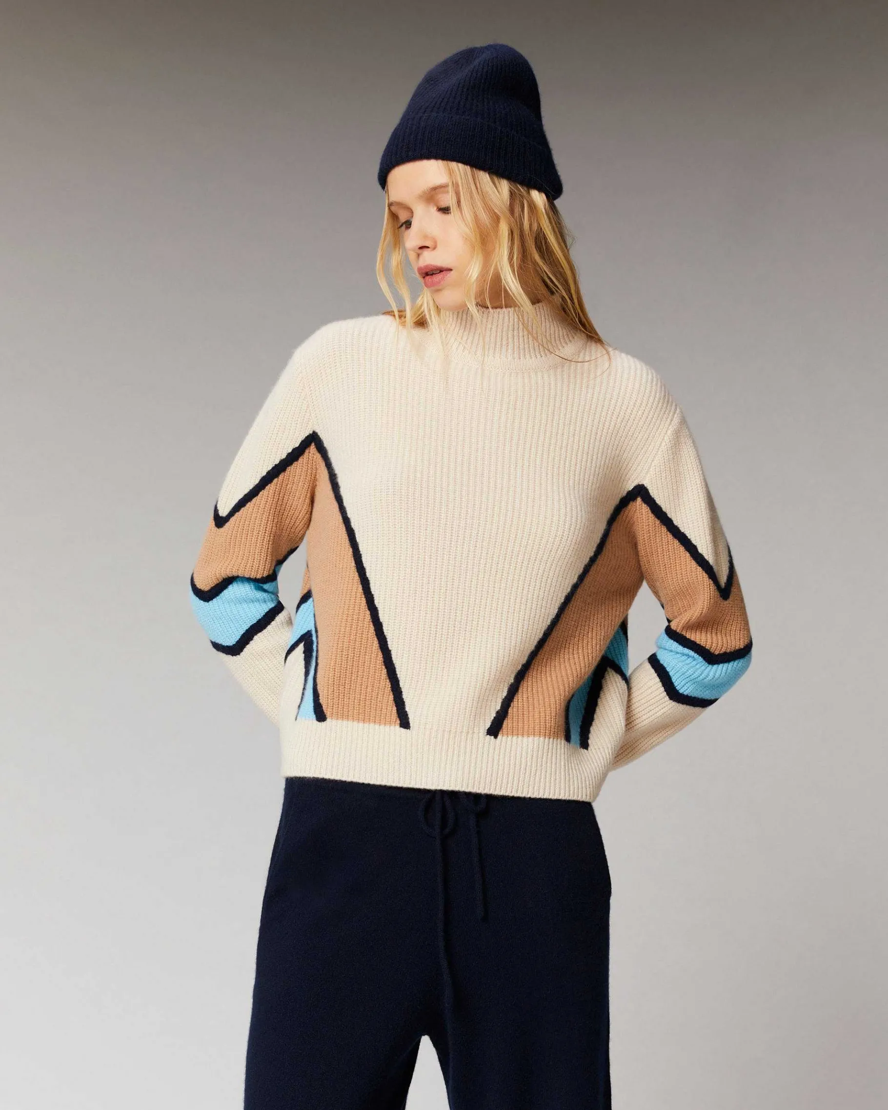 Hot FROM FUTURE Pull Col Montant Bandes Tricolores Gris Chine Fonce