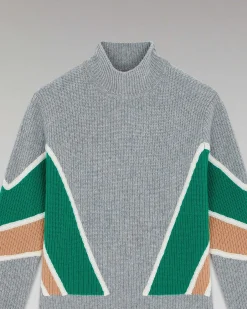 Hot FROM FUTURE Pull Col Montant Bandes Tricolores Gris Chine Fonce