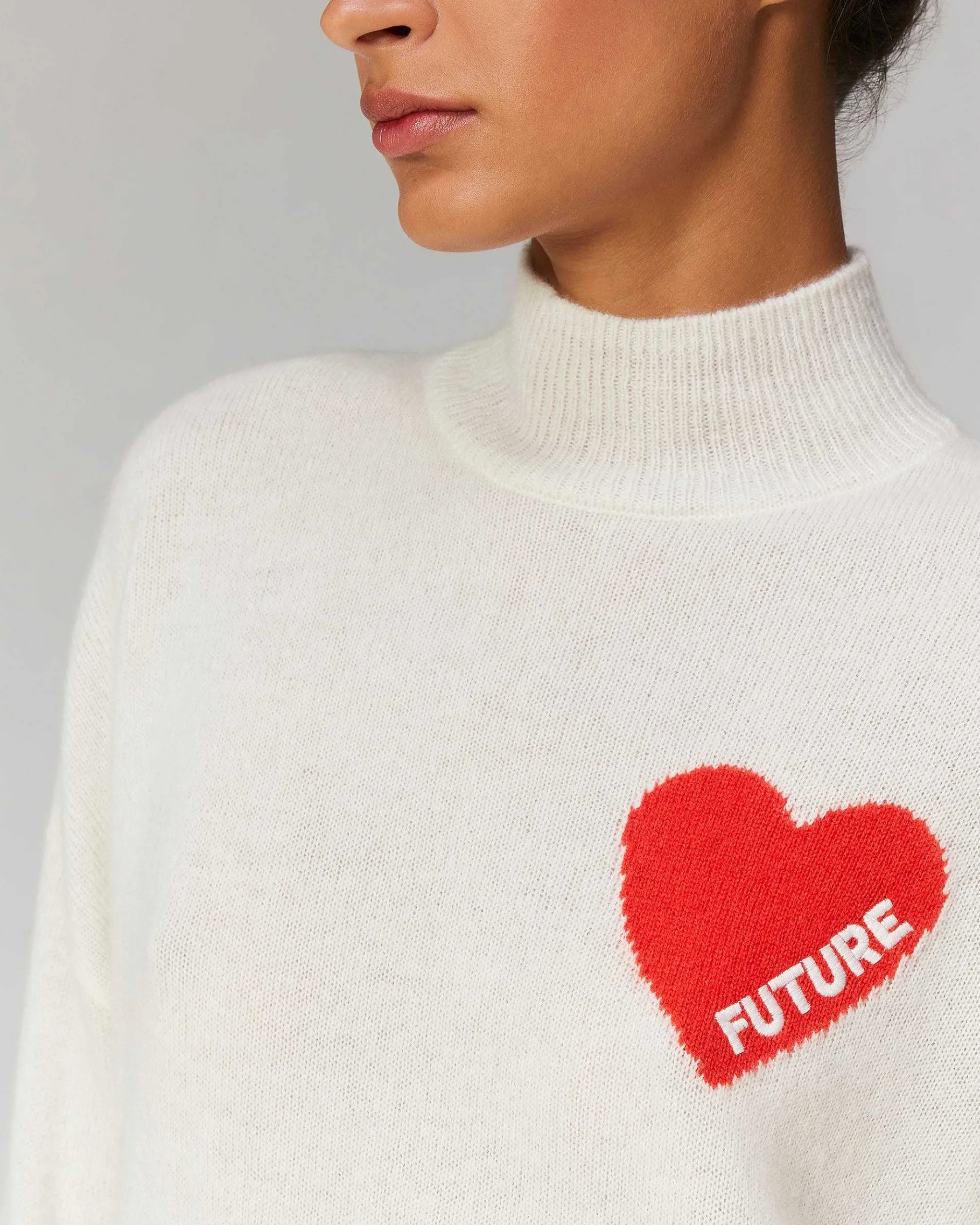 Outlet FROM FUTURE Pull Col Montant Coeur Leger Ecru