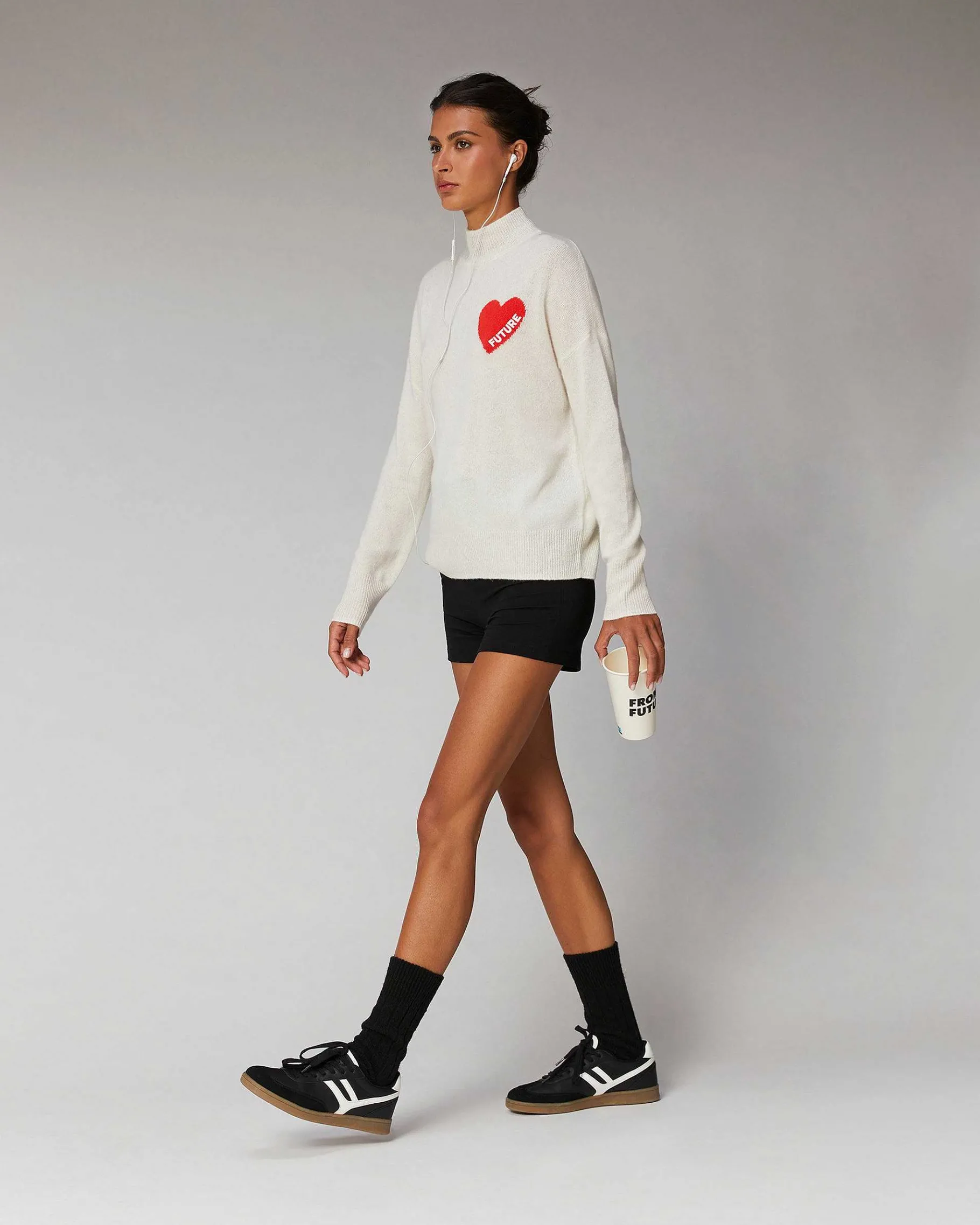 Outlet FROM FUTURE Pull Col Montant Coeur Leger Ecru