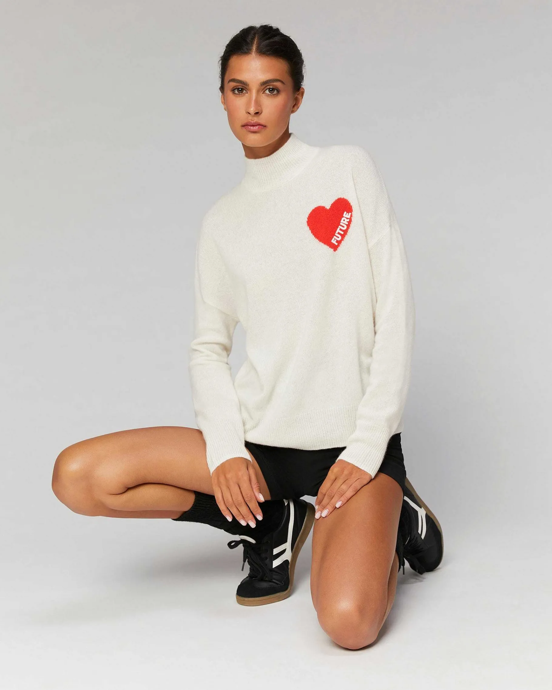 Outlet FROM FUTURE Pull Col Montant Coeur Leger Ecru