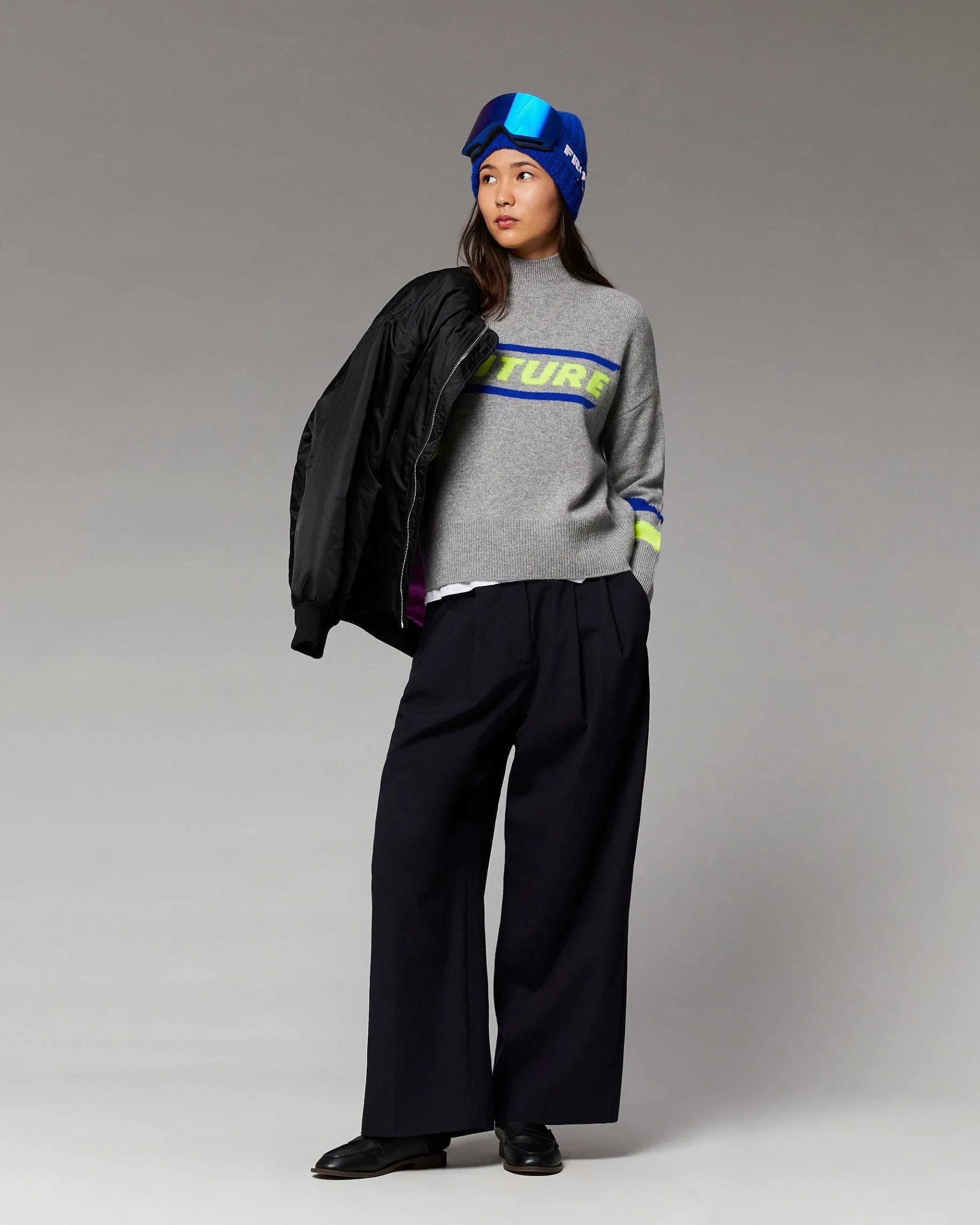 Online FROM FUTURE Pull Col Montant Future Et Bandes Manches Gris Chine Fonce
