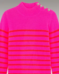 New FROM FUTURE Pull Col Montant Mariniere A Boutons Flash Pink