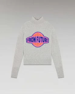FROM FUTURE Pull Col Montant Planete Leger Gris Chine Clair