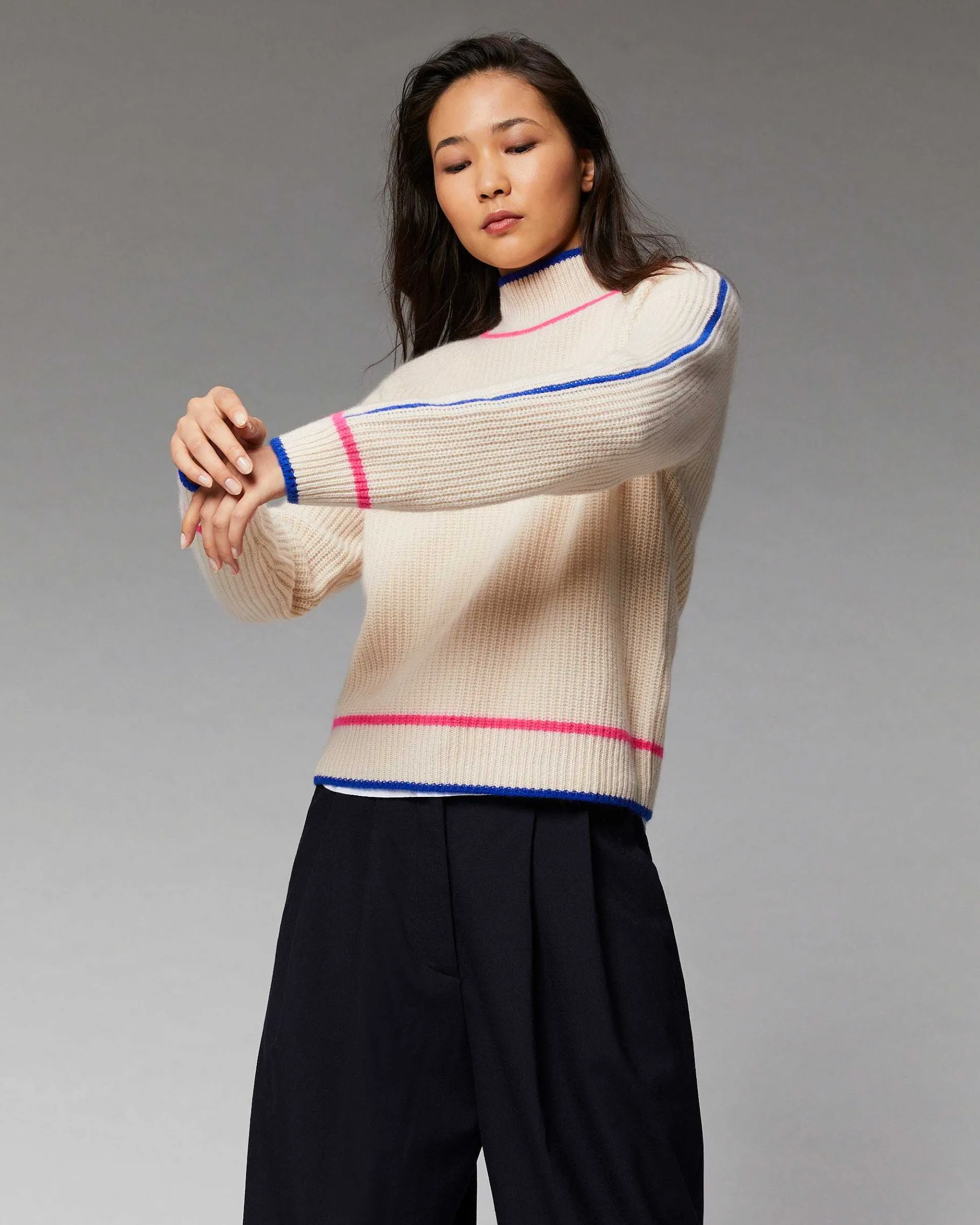 Hot FROM FUTURE Pull Col Montant Tricolore Maille Perlee Sable