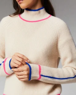 Hot FROM FUTURE Pull Col Montant Tricolore Maille Perlee Sable