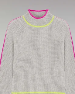 New FROM FUTURE Pull Col Montant Tricolore Maille Perlee Gris Chine Clair