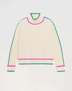 Best FROM FUTURE Pull Col Montant Tricolore Maille Perlee Ecru