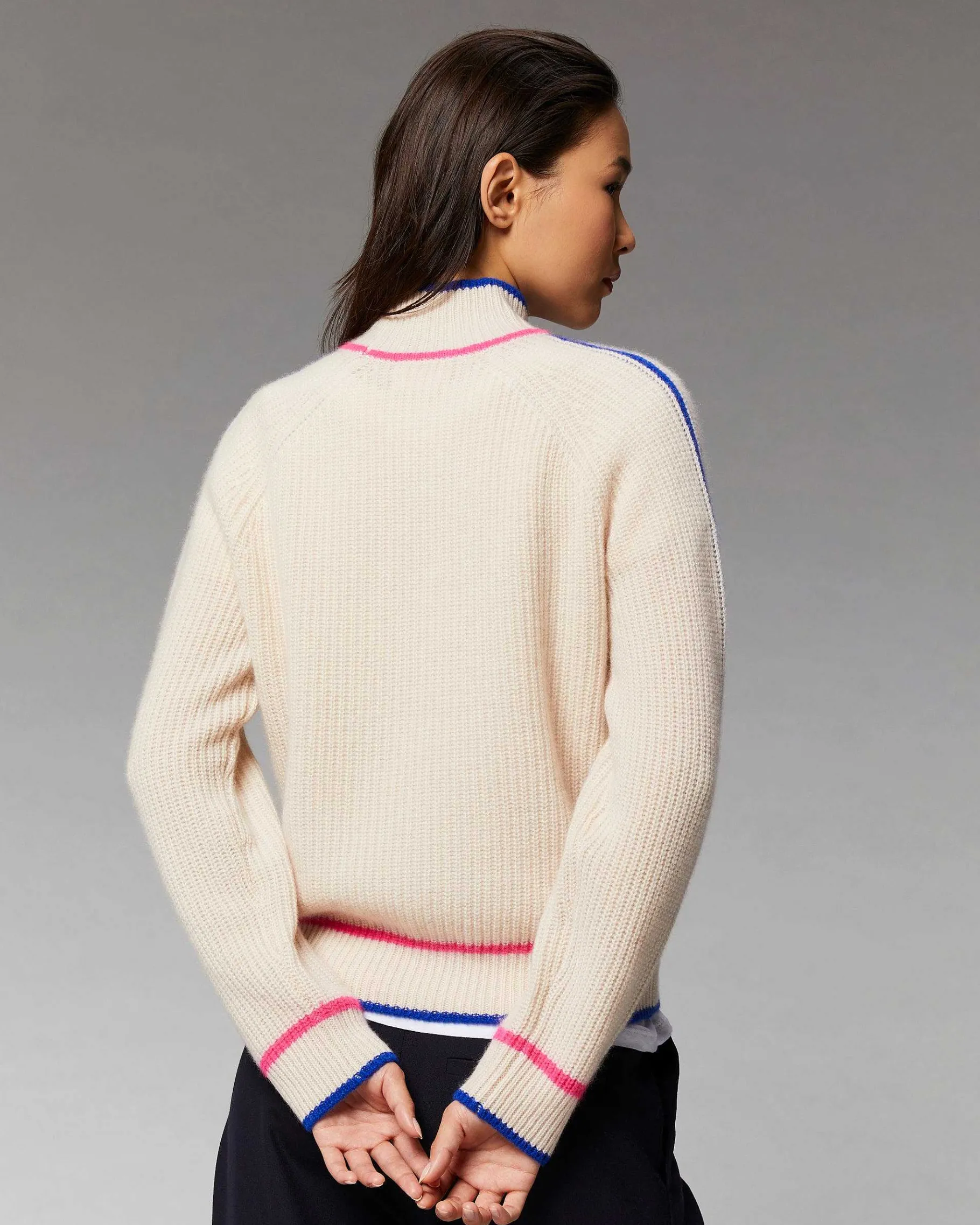 New FROM FUTURE Pull Col Montant Tricolore Maille Perlee