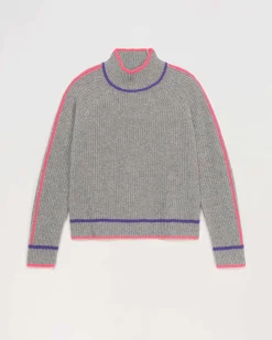 Clearance FROM FUTURE Pull Col Montant Tricolore Maille Perlee Gris Chine Fonce