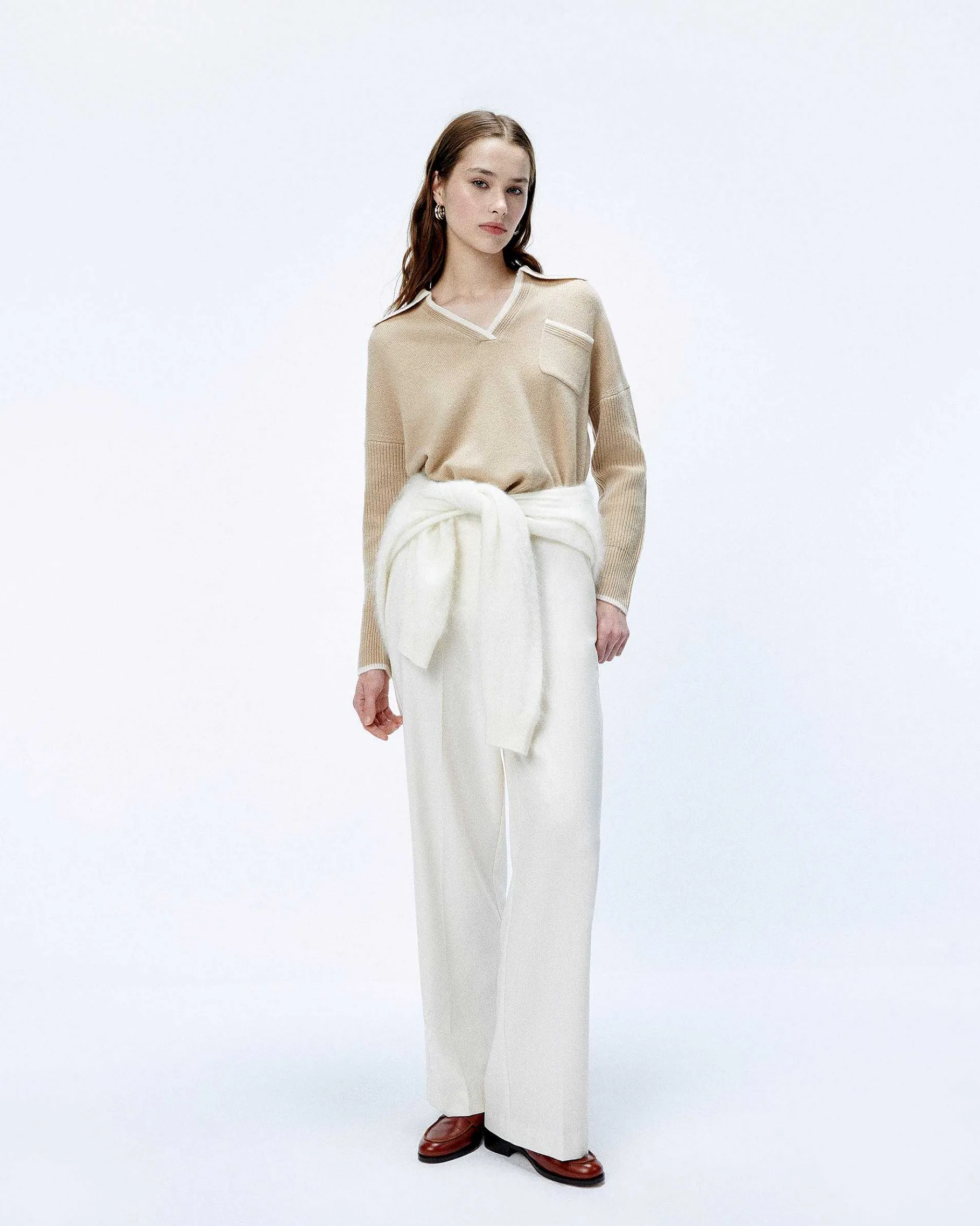 FROM FUTURE Pull Col Polo Bicolore Beige
