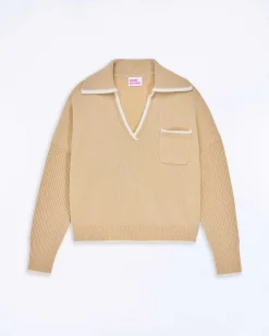 FROM FUTURE Pull Col Polo Bicolore Beige