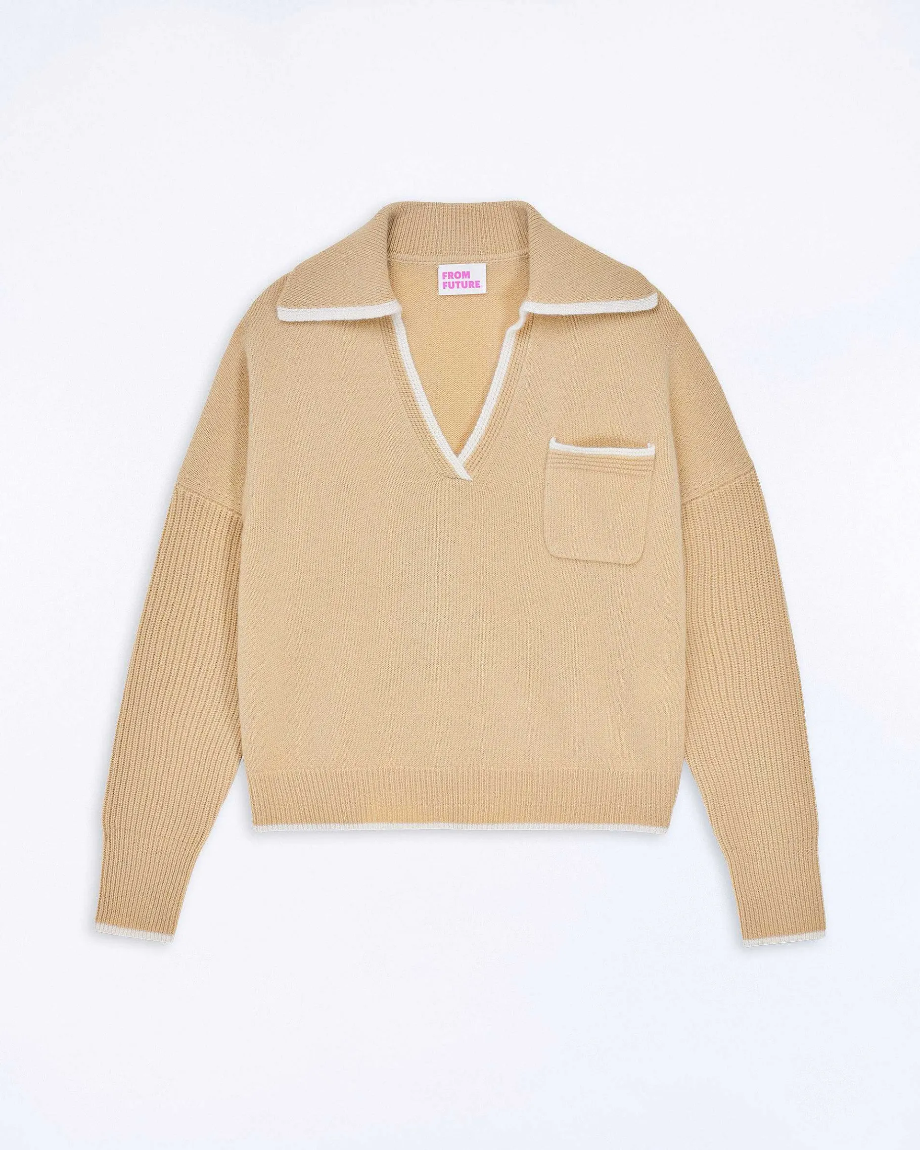 FROM FUTURE Pull Col Polo Bicolore Beige