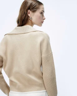 FROM FUTURE Pull Col Polo Bicolore Beige