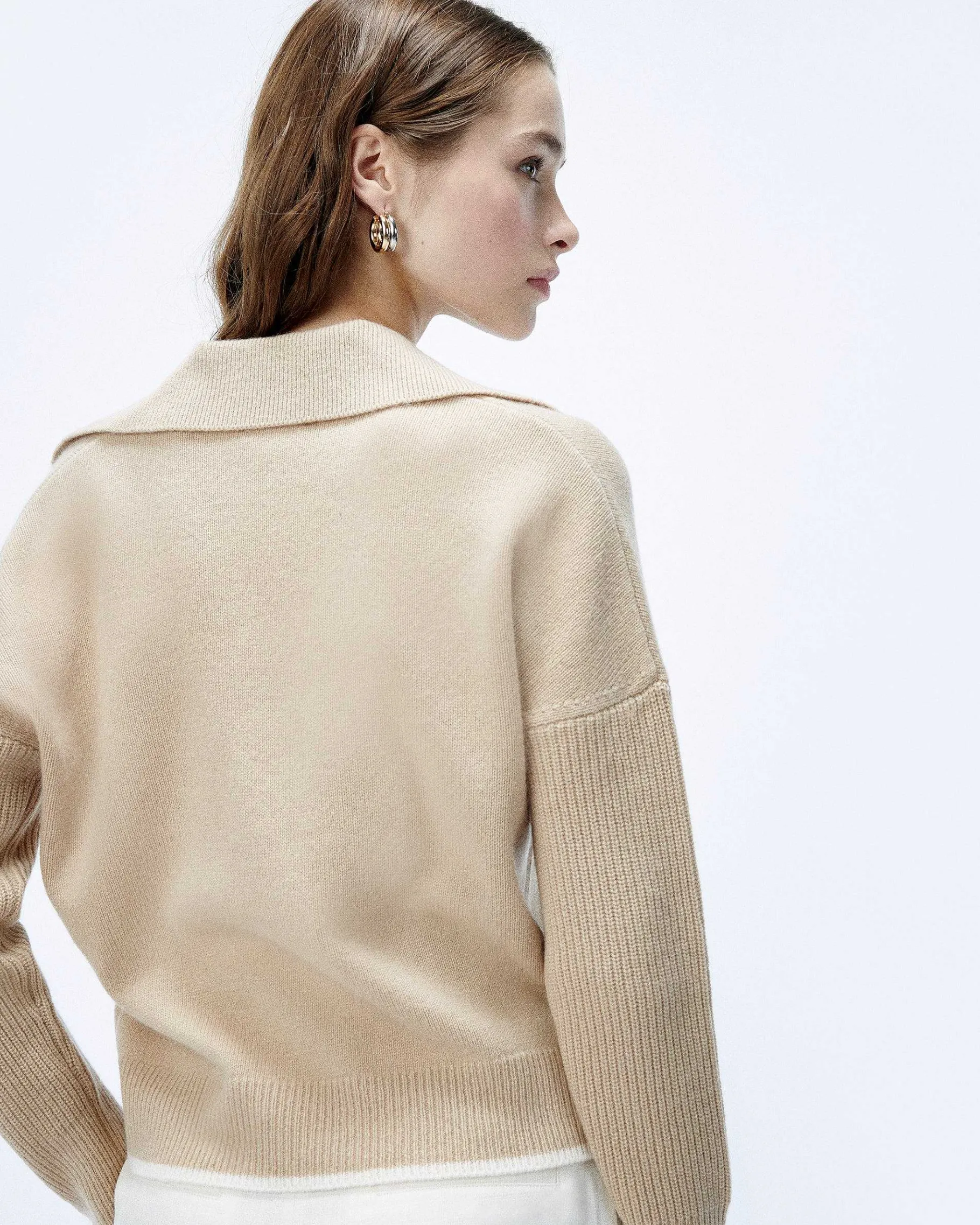 FROM FUTURE Pull Col Polo Bicolore Beige