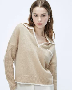 FROM FUTURE Pull Col Polo Bicolore Beige